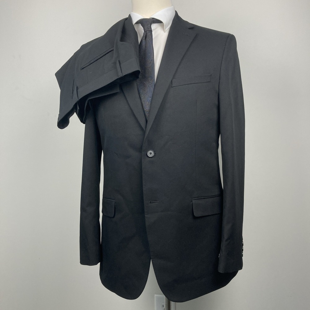 DKNY Mens Modern fit 2-pc Suit 40L 33W 32L Black Solid Stretch - Picture 2 of 12